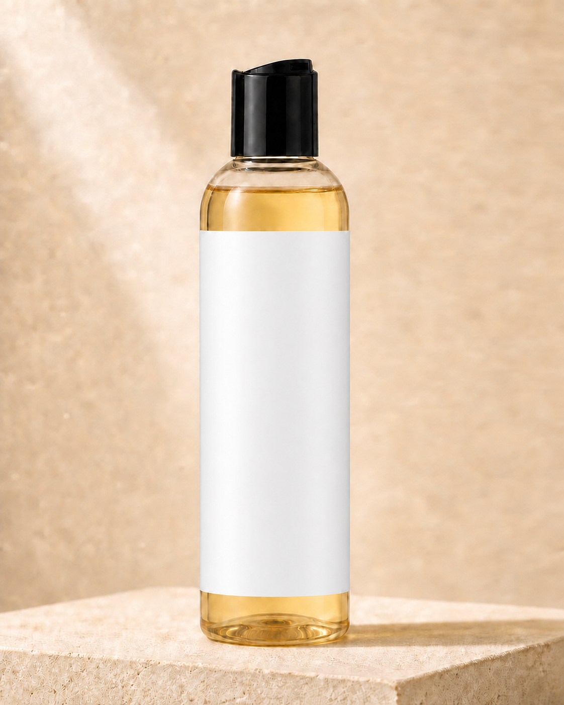 Burnish & Bloom 8 oz clear PET COSMO body oil bottle with black disc-top cap and white BOPP label